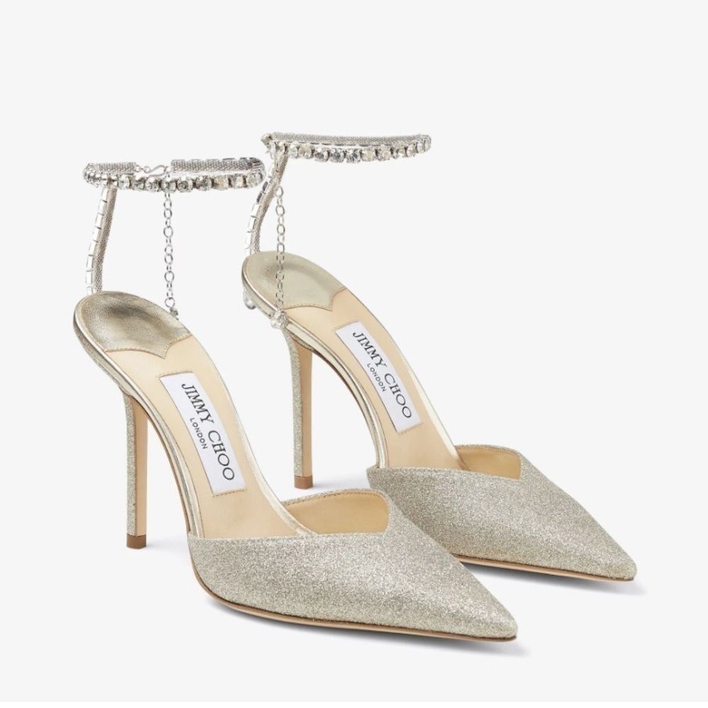 New Jimmy Choo Saeda 100 Platinum Ice‎ dusty glitter pumps size 38EU